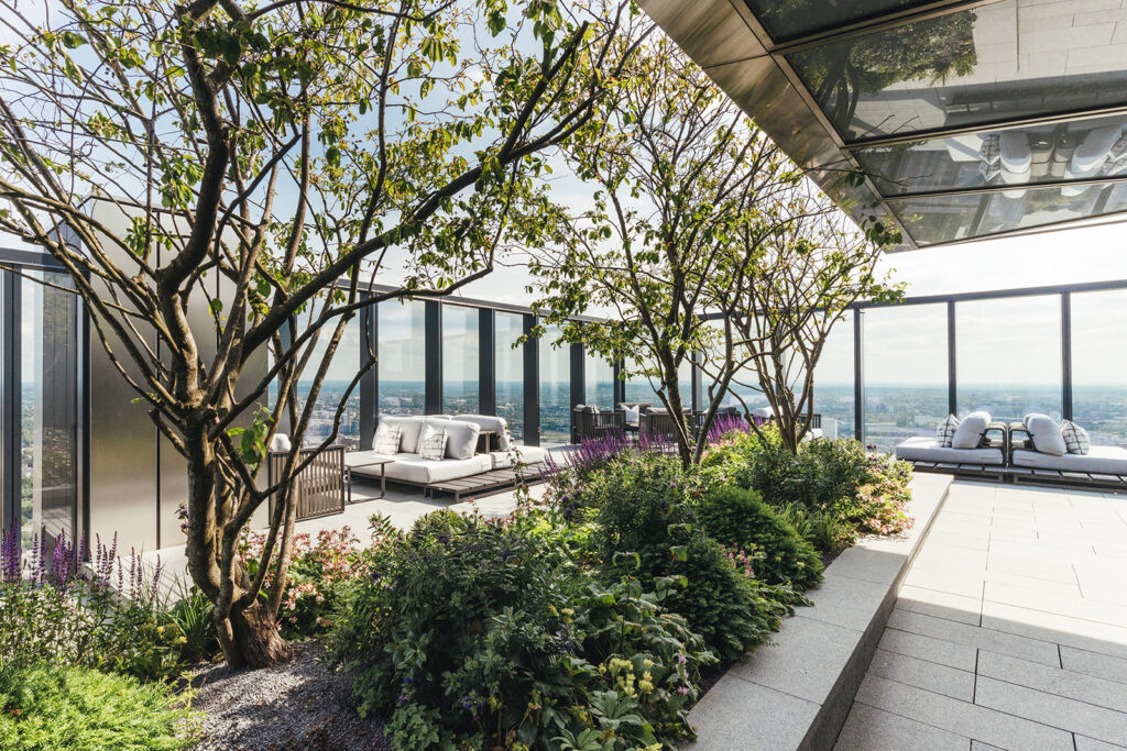 Living green wall on the South Quay Plaza rooftop terrace